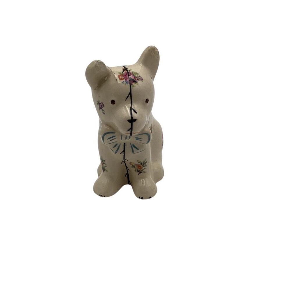 Vintage Ceramic Dog Figurine with Floral Stitch Work & Bowtie